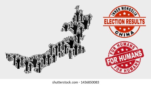 Poll Inner Mongolia map and seal stamps. Red round For Humans textured seal stamp. Black Inner Mongolia map mosaic of raised up voting hands. Vector composition for election results,