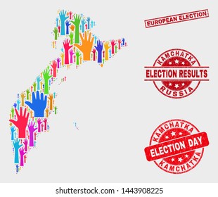 Poll Kamchatka map and seals. Red rectangular European Election grunge seal stamp. Colorful Kamchatka map mosaic of raised up ballot arms. Vector combination for election day, and ballot results.