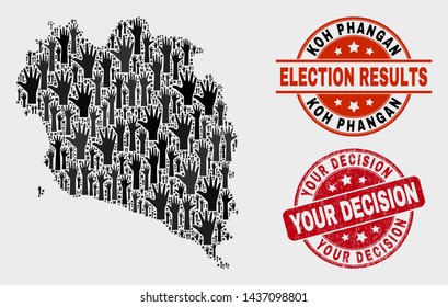 Poll Koh Phangan map and seals. Red round Your Decision grunge seal stamp. Black Koh Phangan map mosaic of raised up referendum hands. Vector combination for election results,