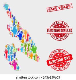 Poll Koh Phi Don map and seal stamps. Red rectangular Fair Trade scratched seal. Bright Koh Phi Don map mosaic of raised up like arms. Vector collage for election day, and referendum results.