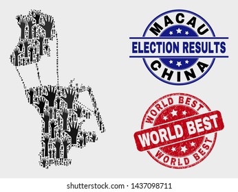 Poll Macau map and seal stamps. Red rounded World Best distress watermark. Black Macau map mosaic of upwards support hands. Vector composition for election results, with World Best watermark.