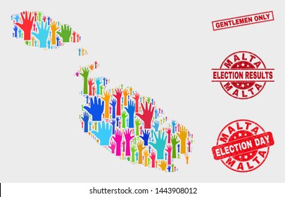 Poll Malta map and seal stamps. Red rectangular Gentlemen Only scratched seal stamp. Colorful Malta map mosaic of raised up ballot hands. Vector combination for election day, and referendum results.