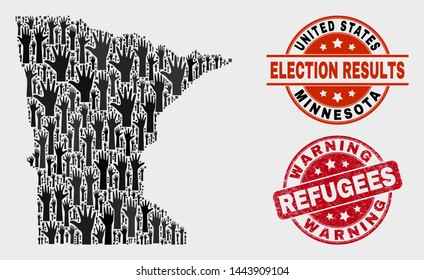 Poll Minnesota State map and seals. Red rounded Warning Refugees textured seal stamp. Black Minnesota State map mosaic of raised choice arms. Vector combination for ballot results,