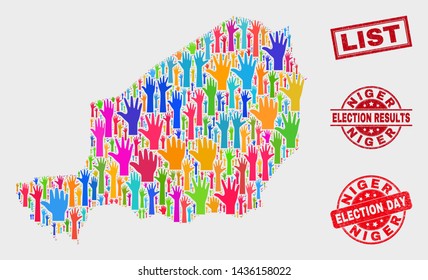 Poll Niger map and seal stamps. Red rectangular List textured watermark. Bright Niger map mosaic of raised election arms. Vector collage for election day, and ballot results.