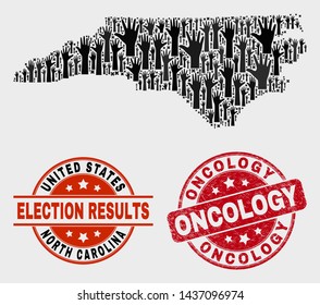 Poll North Carolina State map and seal stamps. Red rounded Oncology grunge seal. Black North Carolina State map mosaic of upwards support hands. Vector combination for ballot results,