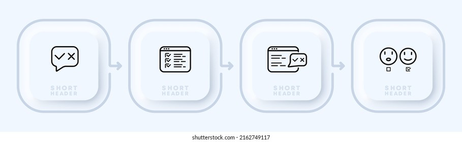 Poll set icon. Quiz, survey, research, test, website, tick, cross, emoticon. Business concept. Neomorphism style. Vector line icon for Business and Advertising.