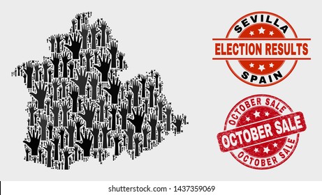 Poll Sevilla Province map and seal stamps. Red rounded October Sale grunge seal. Black Sevilla Province map mosaic of raised up agree arms. Vector composition for election results,