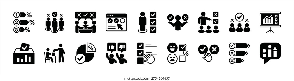 Poll and survey icon vector set. Contains ballot, graphic, percentage, feedback, opinion, questionnaire, choice, data analysis, result, approval, vote, decide, select, approve - illustration