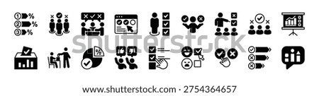 Poll and survey icon vector set. Contains ballot, graphic, percentage, feedback, opinion, questionnaire, choice, data analysis, result, approval, vote, decide, select, approve - illustration
