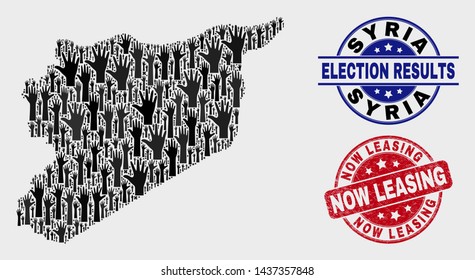 Poll Syria map and stamps. Red rounded Now Leasing textured seal stamp. Black Syria map mosaic of upwards referendum arms. Vector composition for referendum results, with Now Leasing watermark.