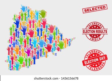 Poll Telangana State map and watermarks. Red rectangular Selected scratched seal. Bright Telangana State map mosaic of raised up election arms. Vector combination for election day, and ballot results.