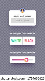 Poll template for social media, app mockup screen in modern gradient style. Ask question ui elements different form and options. Interface elements for mobile, vector illustration.