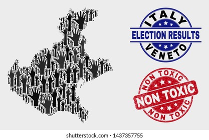 Poll Veneto region map and seal stamps. Red rounded Non Toxic distress seal stamp. Black Veneto region map mosaic of raised volunteer hands. Vector combination for referendum results,