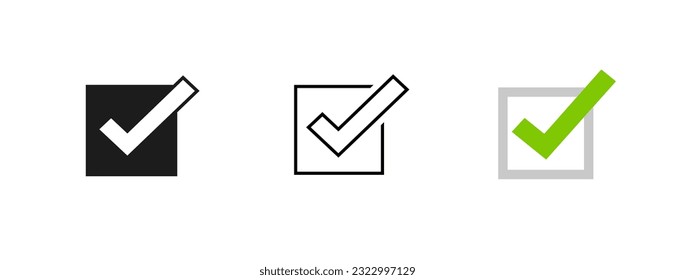 Poll vote choice check mark icon simple graphic checkbox vector set, black white tick check box checkmark square line outline flat design, correct right approve sign, conform yes valid checklist image