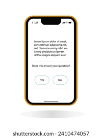 Notificación de la prueba digital de votación, elección de sí, no respuesta de decisión, burbuja en el vector de telefonía móvil, aviso de encuesta del cuestionario, correcto e incorrecto, sí, no hay casillas de verificación en el smartphone