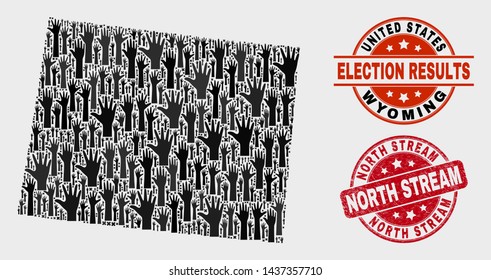 Poll Wyoming State map and seal stamps. Red round North Stream textured seal stamp. Black Wyoming State map mosaic of raised up election hands. Vector composition for ballot results,