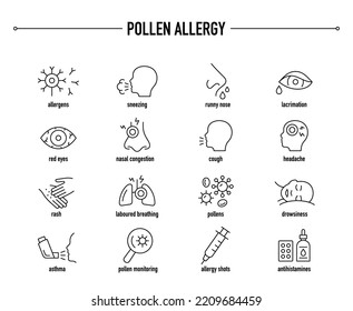 Pollen allergy icon set. Line editable medical icons. svg