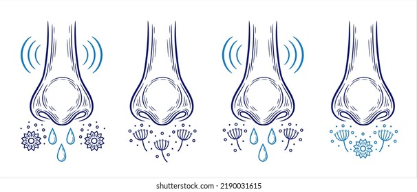 Pollen allergy rhinitis, runny nose seasonal allergic reaction, hay fever line icon set. Dust, flowering allergen inhale. Wet snot drops, nasal inflammation treatment. Asthma attack, sneezing. Vector