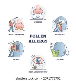 Pollen allergy symptoms collection from molds and spores outline diagram. Labeled educational asthma diagnosis with dust intolerance as medical illness vector illustration. Allergic health frustration