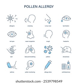 Pollen allergy symptoms, diagnostic and treatment vector icon set. Medical icons.