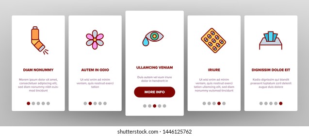 Pollen Allergy Symptoms Vector Onboarding Mobile App Page Screen. Spring Seasonal Allergy, Respiratory Infection Outline Symbols Pack. Plants Allergic Reactions Illustration. Skin Rash, Sneezing