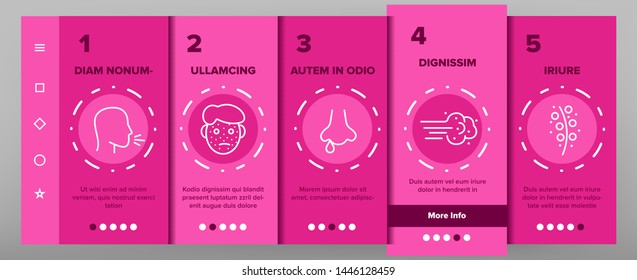 Pollen Allergy Symptoms Vector Onboarding Mobile App Page Screen. Spring Seasonal Allergy, Respiratory Infection Outline Symbols Pack. Plants Allergic Reactions Illustration. Skin Rash, Sneezing