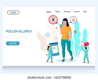 Pollen allergy vector website template, web page and landing page design for website and mobile site development. Woman suffering from sneezing, runny nose, itchy eyes. Allergy symptoms and treatment.