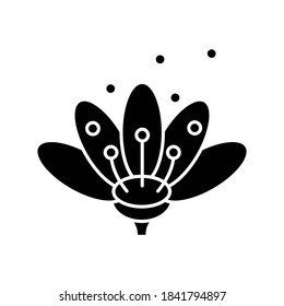 Pollen Black Glyph Icon. Natural Flowers Reproduction. Pollination Process, Seasonal Allergy, Beekeeping Silhouette Symbol On White Space. Blooming Flower Bud In Blossom Vector Isolated Illustration