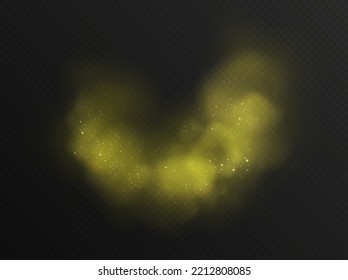 Pollen cloud, allergic flower grains, yellow fog or smoke, holi paint splash with particles effect isolated on a dark background. Vector illustration.