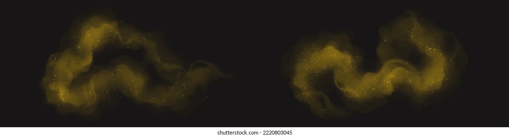 Pollen clouds, allergy flower, dust grains or spores effect. Yellow fog or smoke swirls with flying particles seasonal spring or summer irritant elements, isolated Realistic 3d vector illustration