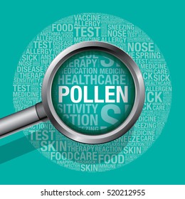 Pollen concept with magnifying glass, vector illustration
