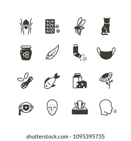 Pollen, dust, wheat and cat allergy and rhinitis icons set. Allergic and allergen vector medicine symbols isolated. Allergen dust and lactose, insect and nuts illustration