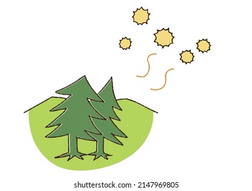 Pollen flying from a cedar tree Comical handwritten illustration Vector, line drawing and color
