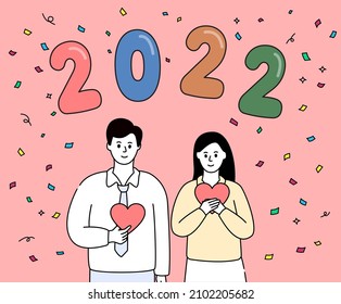 Pollen is sprinkling on couples celebrating 2022 illustration set. Balloon, New Year, Firecrackers, Pink, People. Vector drawing. Hand drawn style.