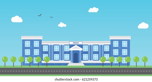 pollice office illustration with blue big building on side road with tree on front