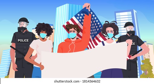 pollice officers with mix race protesters in masks holding empty banner labor day celebration coronavirus quarantine concept cityscape background portrait horizontal vector illustration