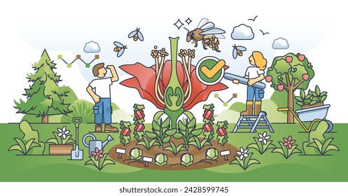 Pollination process for plant reproduction from pollinators outline concept. Agricultural garden with bees flying to flowers and working on fertilization vector illustration. Biodiversity importance.