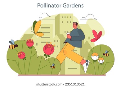 Pollinator garden. Summer countryside plants and meadow flowers for pollination. Honey bees, wasps and bumblebees pollinating flora. Beekeeping environment. Flat vector illustration