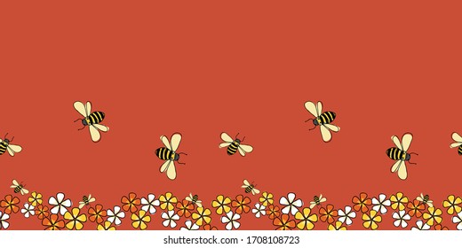 Pollinators Bees and flowers horizontal border seamless repeat Vector on red background surface design