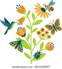 Pollinators and flowers educational illustration with pollinator hummingbird butterfly pollination ecosystem wildlife environment blooming interaction biodiversity conservation illustration
