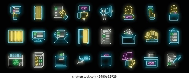 Polling booth icons set outline vector. Ballot box. Choice election neon color on black