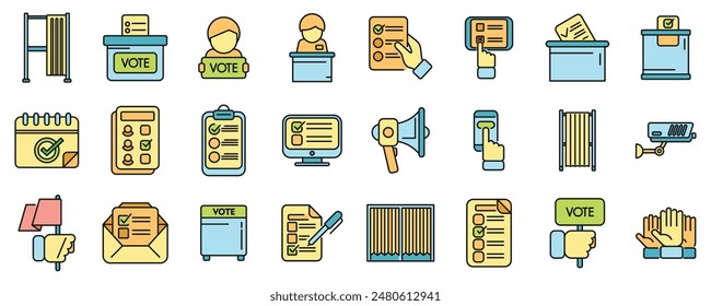 Polling booth icons set outline vector. Ballot box. Choice election thin line color flat on white