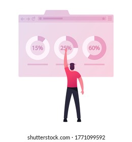 Polling, Presidential Election Concept. Tiny Male Character Stand At Huge Internet Page With Statistics Charts Learning Result Of Social Poll. Voter Casting Ballots Online. Cartoon Vector Illustration