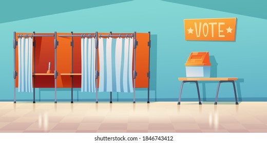 Polling Station Empty Interior, Separated Voting Booths With Close And Open Curtains And Pen On Desk. Poll, Presidential Election Concept. Place For Civil Rights Execution, Cartoon Vector Illustration