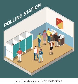 Polling station isometric background with voting booth and electorate participating in voting process vector illustration