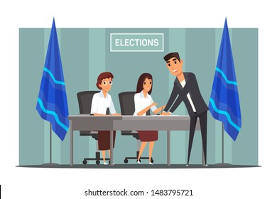 Polling Station Registration Flat Illustration. Voter Signing Documents, Getting Ballot Paper Cartoon Character. President, City, Town Mayor Candidate Choosing. Presidential Election Polling Place