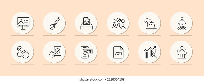 Polling station set icon. Pen, tick, vote, referendum, petition, election, vote, president, MP, politician, give a speech, victory, debate, will, politics. Voting concept. Pastel color background