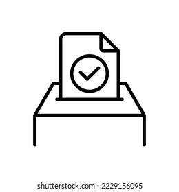 Icono de conjunto de estación de votación. Pen, tick, vote, referendum, petición, elección, voto, victoria, debate, voluntad, política. Concepto de votación. Icono de línea negra del vector en fondo blanco