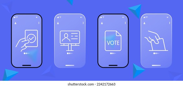 Polling station set icon. Pen, tick, vote, referendum, petition, election, vote, president, MP, politician. Voting concept. Glassmorphism style. Ui phone app screen.