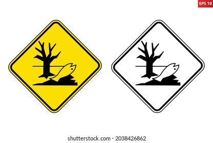 Pollutants to environment warning sign. Vector illustration of yellow diamond shaped sign with dead fish and tree icon inside. Environmental pollution symbol. Contamination beware. Caution danger zone